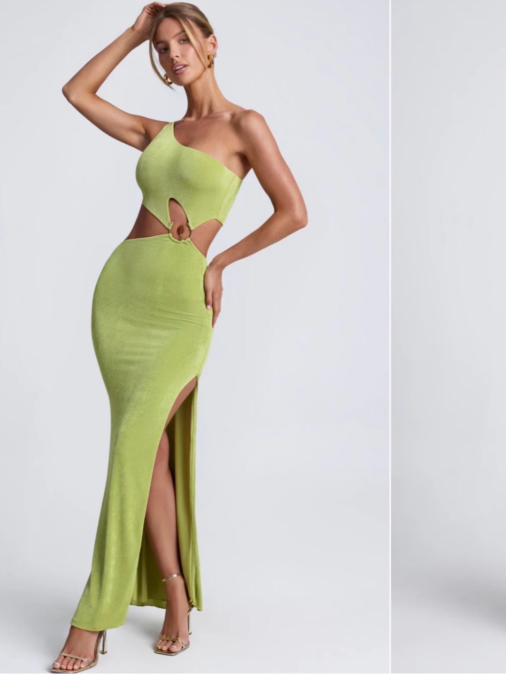 Oh Polly One-Shoulder Olive Green Cutout Maxi Dress with Ring Detail